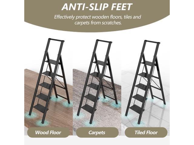 5 Step Ladder, Folding Step Stool, Portable Iron Foldable Black Ladder for 10 Foot High Ceiling with Anti-Slip Wide Sturdy Pedal and Handgrip,...