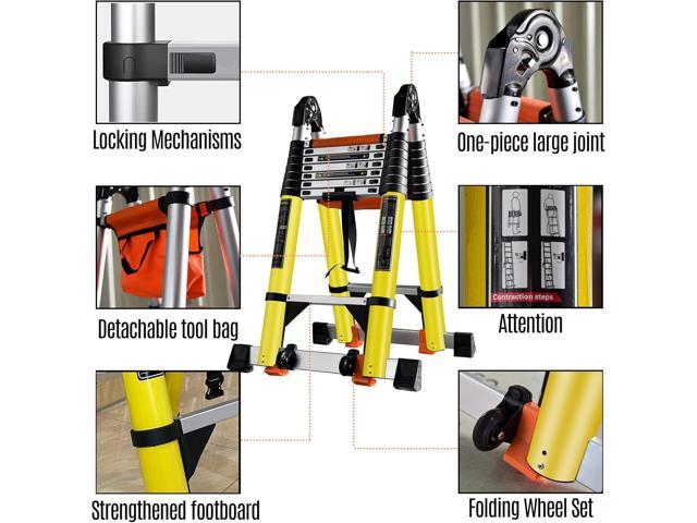 20FT A Frame Telescoping Ladder w. Double Balance Bar/Wheels/Tools Bag, Type-A Collapsible Ladder Adjustable Extension Ladder 8+8 Foot Step Ladders...