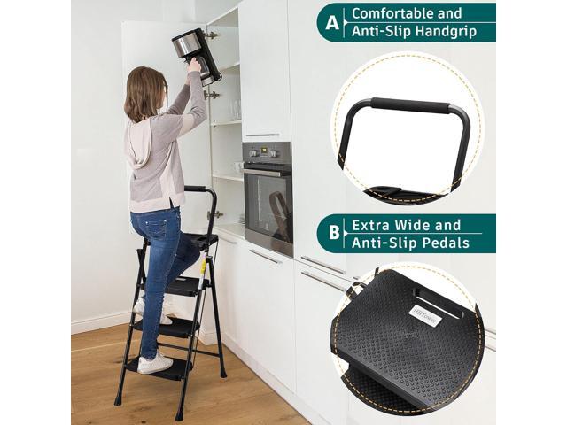 HBTower 3 Step Ladder with Tool Tray, Folding Step Stool with Wide Non-Slip Pedal and Comfort Handgrip for Household and Office, Lightweight 500lbs...