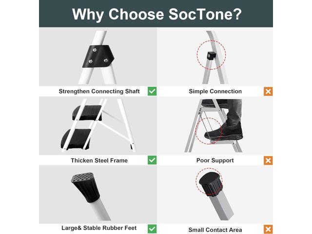 SocTone 3 Step Ladder, Folding Step Stool for Adults with Handle, Lightweight, Perfect for Kitchen& Household, 500lbs Capacity Sturdy Steel Ladder...