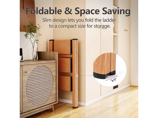 3 Step Ladder Anti-Slip Foldable Step Stool Aluminum Lightweight with Wide Pedal for Home and Kitchen Space Saving - Woodgrain (330 lbs)