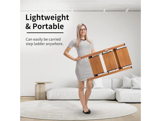 3 Step Ladder Anti-Slip Foldable Step Stool Aluminum Lightweight with Wide Pedal for Home and Kitchen Space Saving - Woodgrain (330 lbs)