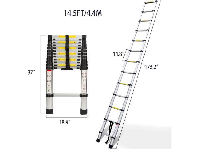 Aluminum Telescopic Extension Ladder Collapsible Ladder, One-Button Retraction Extension Ladder,Multi-Use, 330 lbs Capacity,14.5FT / 4.4M