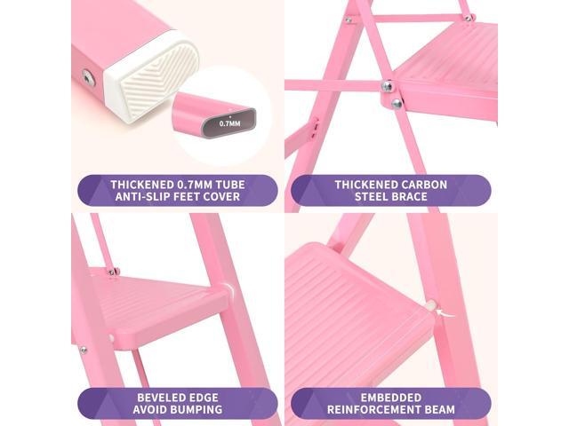 GameGem Pink Step Ladder 3 Step Folding, Small Step Stool for Women to Reach Higher Places, Widen 7.9Inch Pedal for Comfortable Use, Anti-Slip Foot...
