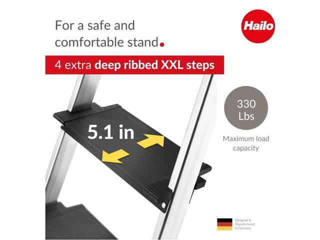 Hailo L100 TopLine Aluminum folding stepladder Four steps Extendable safety rail Integrated multifunctional storage tray Folding safety...