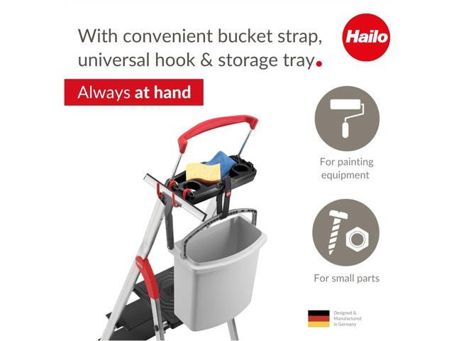 Hailo L100 TopLine Aluminum folding stepladder Four steps Extendable safety rail Integrated multifunctional storage tray Folding safety...