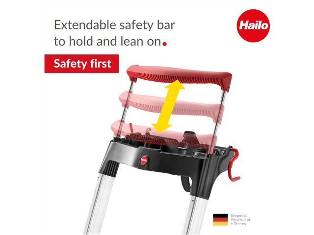 Hailo L100 TopLine Aluminum folding stepladder Four steps Extendable safety rail Integrated multifunctional storage tray Folding safety...