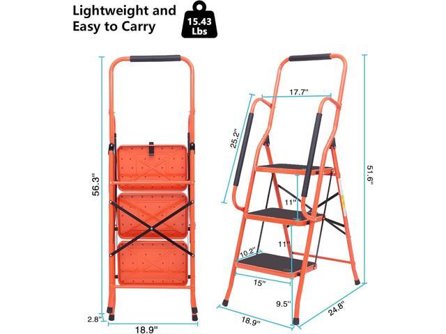 LUISLADDERS 3 Step Ladder Safety Tool Ladder Folding Anti-Slip Step Stool Ladder Padded Side Handrails with Large Area Pedals for Kitchen Home and...