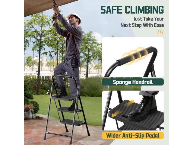 GameGem 3 Step Ladder, Foldable Step Stool with Newly Designed Sturdy Honeycomb Construction, Folding Step Ladder for Adults, Thickened Carbon...