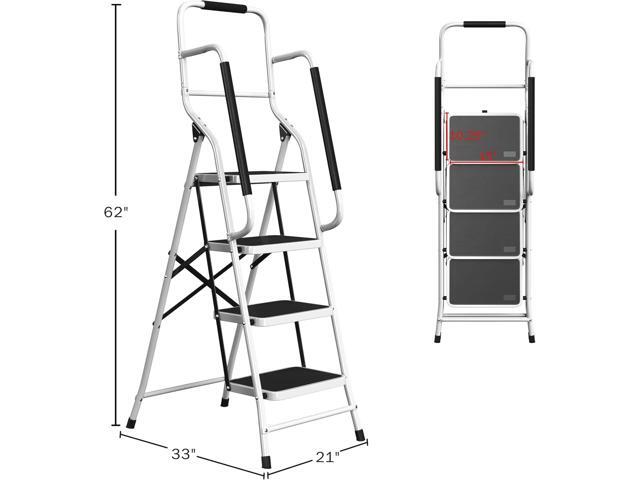 4 Step Stool '? Folding Ladder with Handrails Attachable Tool Bag Non-Slip Feet Steel Fram