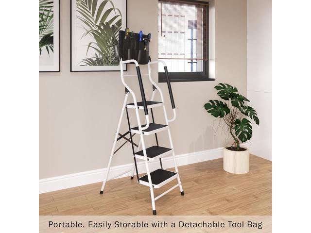 4 Step Stool '? Folding Ladder with Handrails Attachable Tool Bag Non-Slip Feet Steel Fram