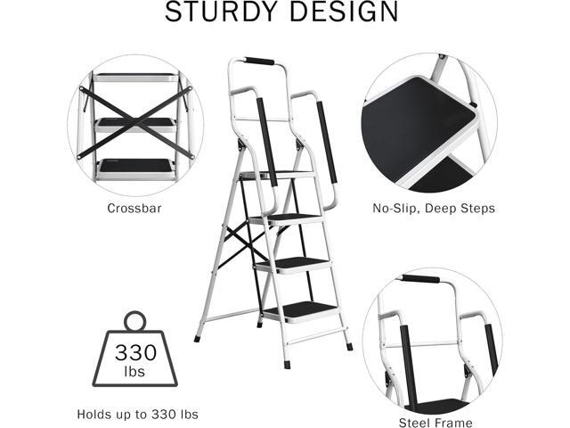 4 Step Stool '? Folding Ladder with Handrails Attachable Tool Bag Non-Slip Feet Steel Fram