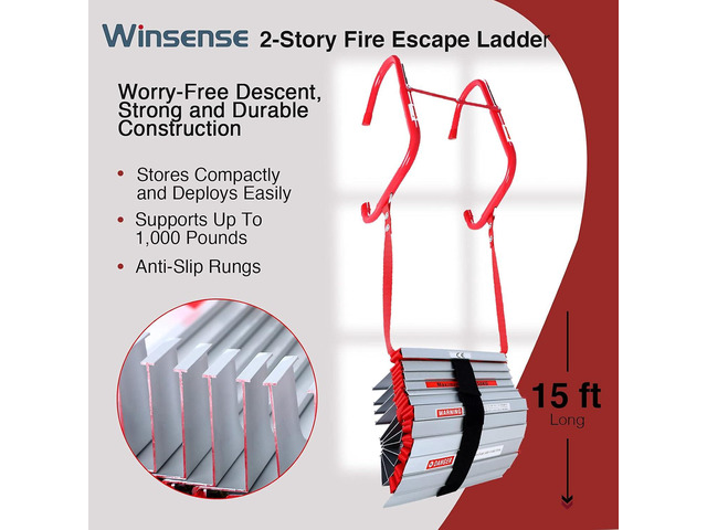 Retractable Fire Escape Ladder 2 Story Homes, 15 Foot with Wide Aluminum Steps for Adults Emergency Window Exit
