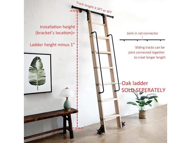 12FT Hook on Sliding Library Ladder Hardware Kit,Telescoping Upper Hook,Bottom Brake Roller, Rustic Black Finish(No Ladder)