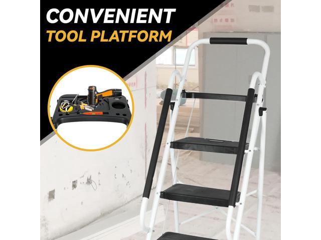 BLACKHORSE-RACING 5 Step Ladder with Handrails & Tool Tray Platform, 330 lbs Folding Step Stool Ladder, Portable Steel Ladder for Kitchen Pantry...