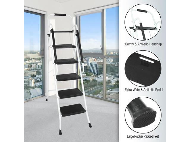 BLACKHORSE-RACING 5 Step Ladder with Handrails & Tool Tray Platform, 330 lbs Folding Step Stool Ladder, Portable Steel Ladder for Kitchen Pantry...