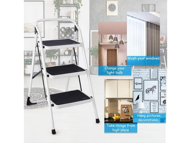 Goplus 3 Step Ladder, Folding Heavy Duty Step Stool Lightweight Steel Ladder with Handgrip and Wide Anti-Slip Platform for Kitchen Shop, 340lbs...