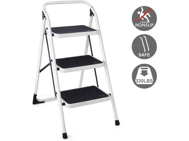 Goplus 3 Step Ladder, Folding Heavy Duty Step Stool Lightweight Steel Ladder with Handgrip and Wide Anti-Slip Platform for Kitchen Shop, 340lbs...