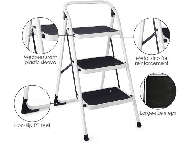 Goplus 3 Step Ladder, Folding Heavy Duty Step Stool Lightweight Steel Ladder with Handgrip and Wide Anti-Slip Platform for Kitchen Shop, 340lbs...