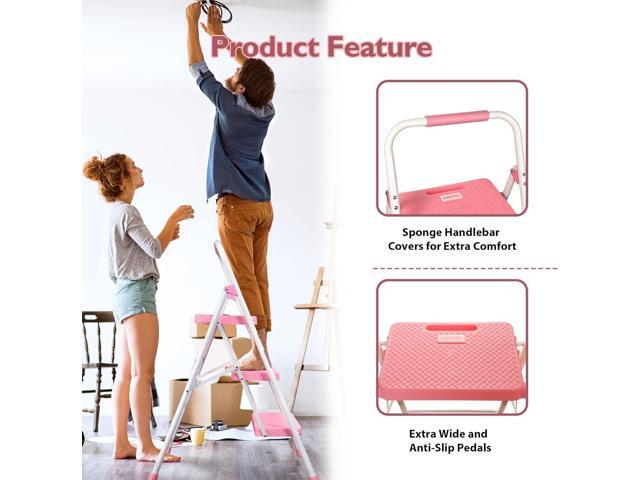 BONTEC 3-Step Ladder, Folding Step Stool, 600lbs Max Load Capacity, Sturdy Steel, Non-Slip Pedals, Lightweight, Portable Steel Ladder with...