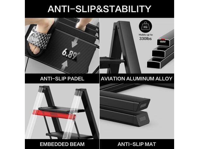 GameGem 3 Step Ladder, Aluminum Folding Step Stool with Anti-Slip Sturdy and Wide Pedal, Lightweight Portable Stepladder for Home and Kitchen Use...