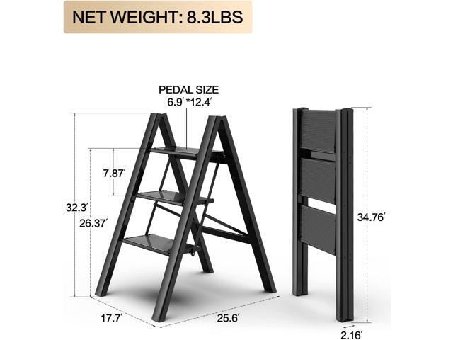 GameGem 3 Step Ladder, Aluminum Folding Step Stool with Anti-Slip Sturdy and Wide Pedal, Lightweight Portable Stepladder for Home and Kitchen Use...
