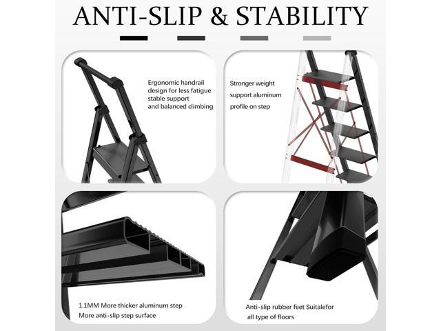 5 Step Ladder Adult Portable Folding Step Stool, Folding Aluminum Step Ladder with Double Padded Treads, Step Ladder with Handle for Home, Kitchen,...