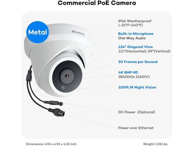 ONWOTE 4K 8MP PoE IP Security Camera, AI Human Vehicle Detection, 3840x2160 8 Megapixels, 134° FoV, Video Audio, Indoor Outdoor, Commercial Wired...