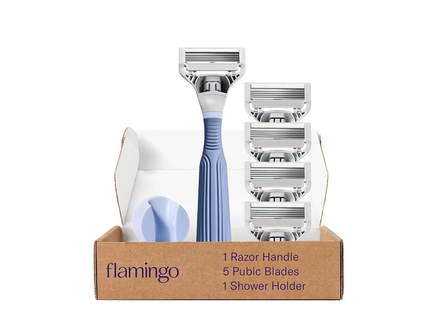 Flamingo Pubic Hair Razor for Women, Shaving Kit, 1 Pubic Razor Handle, 4 Five-Blade Refills, 1 Shower Holder, Starter Set, Full Kit