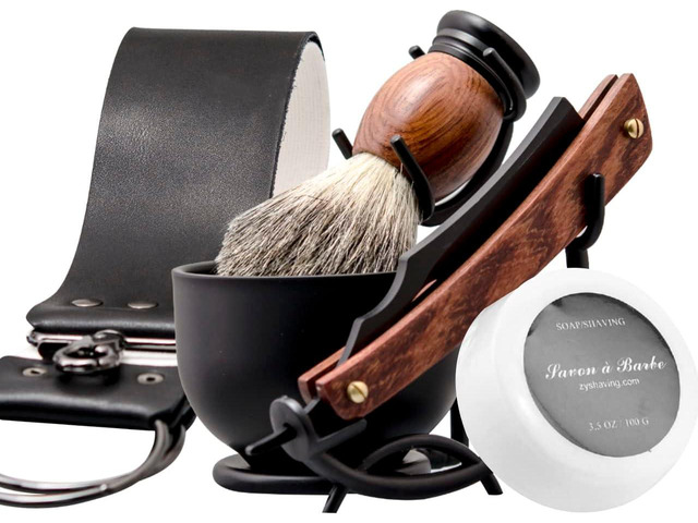 Grandslam Shaving Straight Razor Kit, Steel Cutthroat Straight Razor With Leather Strop, Shaving Brush, Stainless Steel Shaving Bowl and Stand,...