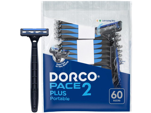 Dorco Pace 2 Plus Disposable Razors for Men (60ct), 2 Blades Shaving Razor, Pivoting Head, Open-Flow for Easy Rinsing, Lubricating Strip, Long...