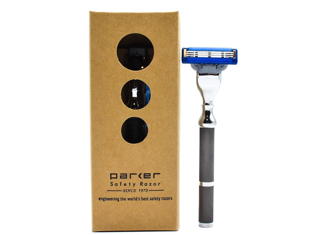 Parker 42M All-Metal Triple Blade Razor in Graphite Gray - Compatbile with Gillete Mach 3 Cartridge Refills Deluxe Brass-Frame, Textured Grip...