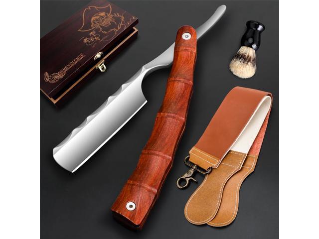 Professional Straight Blade Razor Kit with Strop - Stainless Steel Sharp Shaver Straight Edge Barber Razor for Men Home & Salon Grooming Using (Brown)