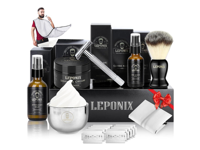 Shaving Kit for Men – Secret Santa Gift Set, Includes Safety Razor, Sandalwood Shaving Cream, Aftershave, Pre-shave Oil, Brush, Bowl & Apron Bib -…