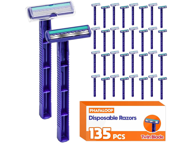 Twin Blade Disposable Razors for Men & Women Bulk 135 Pack Stainless Steel Shavers with Lubricating Strip, Safety Cap & Non-Slip Handle for...
