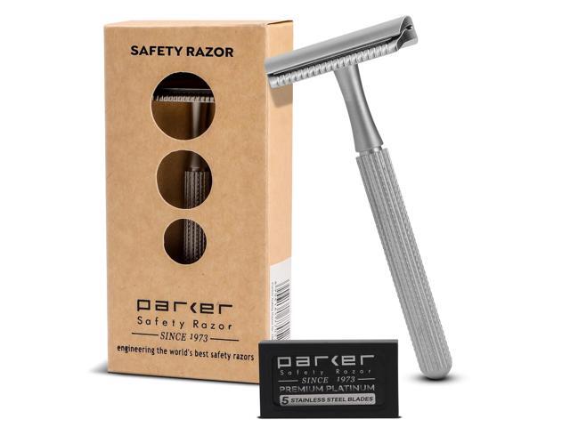 Parker 78R Double Edge Safety Razor with 5 Safety Razor Blades, Women & Mens Safety Shaving Razor, Reusable, Plastic Free Satin Chrome