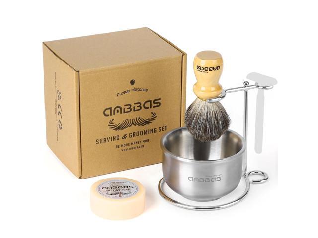 Anbbas Badger Hair Shaving Brush with Wood Handle,Stainless Steel Razor and Brush Stand, Shaving Bowl with Shaving Soap Bar 4in1 Set for Men Wet Shave