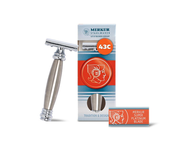 MERKUR 43C Double Edge Safety Razor, Heavy Stainless Steel Handle, Two-Piece Design, Closed Comb Straight Bar, Bright Chrome Finish, Made in Germany