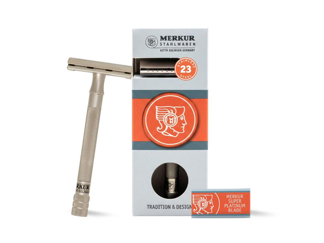 MERKUR 23 INOX Stainless Steel Double Edge Safety Razor, Satin Finish, Long Knurled Handle, Three Piece, Closed Comb
