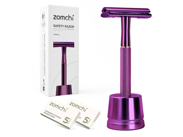 ZOMCHI Double Edge Safety Razor with Stand, Safety Shaving Razor with 10 Double Edge Safety Razor Blades, Eco-Friendly Razor for Shaving Purple