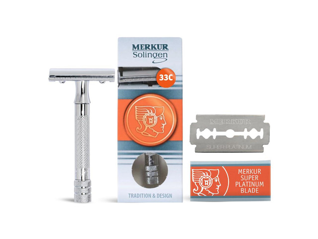 MERKUR 33C Double Edge Safety Razor, Three-Piece Design, Closed Comb, Short Handle, Bright Chrome Finish, Made in Germany