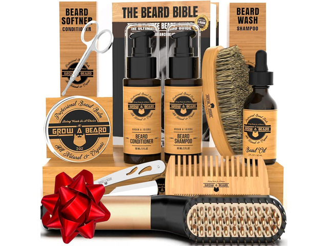 Beard Straightener Grooming Kit for Men, Beard Growth Kit, Wash, Brush & Comb, Unscented Growth Oil, All Natural Sandalwood Balm, Conditioner,...