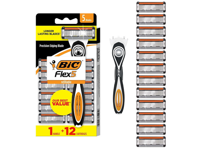 BIC Flex 5 Refillable Razors for Men, Long-Lasting 5 Blade Razors for a Smooth and Comfortable Shave, 1 Handle and 12 Cartridges, 13 Piece Shaving Kit