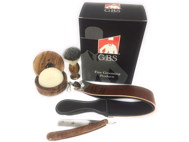 G. B.S Men Professional Shaving Kit Box- Rust Free Stainless Shaving Razor with Wooden Handle, Wooden Soap Bowl, Shaving Brush, Leather Strop, - A...