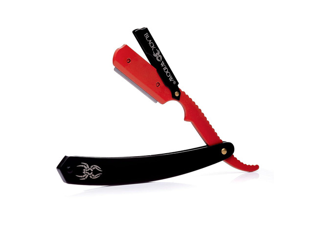 Black Widow Professional Barber Straight Edge Razor Stainless Steel Shavette, 1.5 mm Blade Exposure, Matte Black & Red, 10 Double Edge Blades (20...