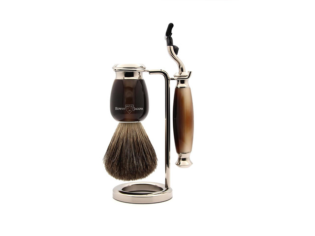 Edwin Jagger S81M582AMZ Imitation Light Horn & Nickel Classic Shaving Set with Pure Badger Shaving Brush and Mach 3 Razor for Shaving Cream or Soap...