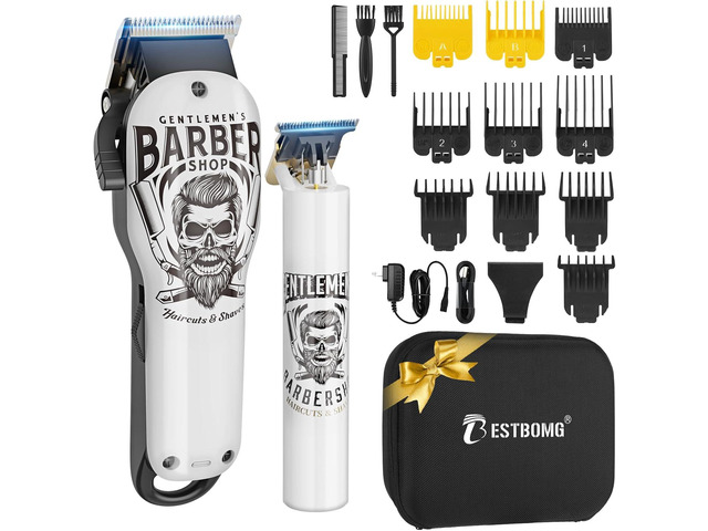 BESTBOMG Professional Hair Clippers for Men, Clipper & Trimmer Set, White Ceramic T-Blade, Rechargeable Cordless Haircut Set with 10 Guide Combs...