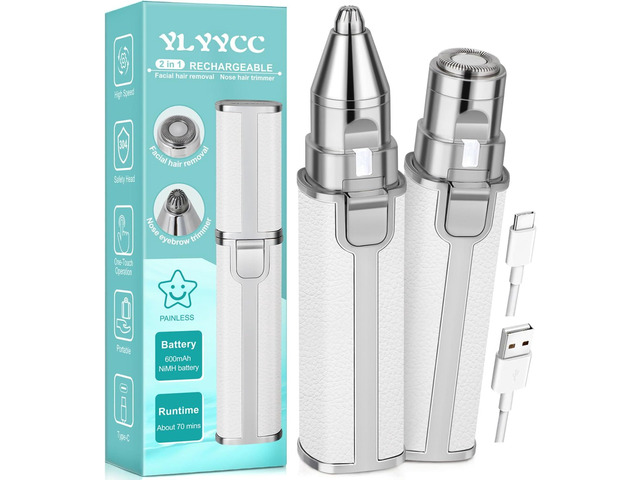 Facial Hair Removal for Women: 2-in-1 Rechargeable Nose Hair & Eyebrow Trimmer, Face Shaver with Built-in LED Light for Removing Chin, Upper and...