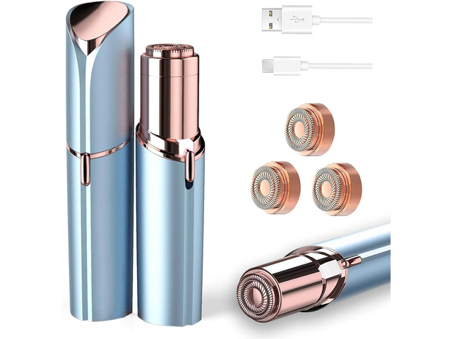 tuokiy Facial Hair Removal for Women, Painless Face Shaver for Womens, Face Razors for Lip, Chin with USB Rechargeable, Blue 3 PCS Heads