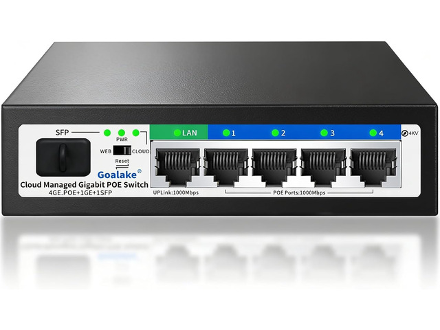 Goalake 6-Port Gigabit PoE+ Switch, 4 PoE Ports 52W, 1 Uplink + 1 SFP Slot, Easy Smart Managed via Web/App, Fanless Metal, Plug & Play, VLAN, QOS,...